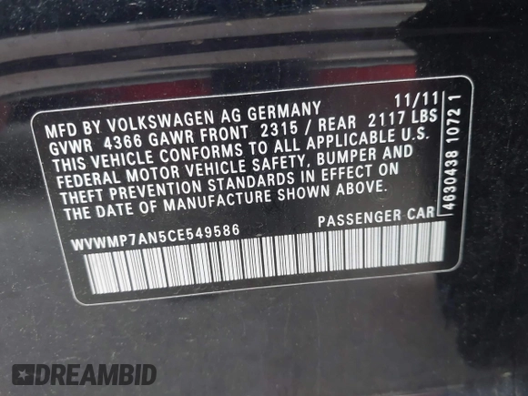 2012 Volkswagen CC Sport with VIN WVWMP7AN5CE549586, listed as a IAAI auction lot 41851424 with 91,658 mi miles and . Bid and sale history available at DreamBid. Image 9.
