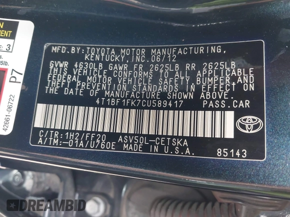 2012 Toyota Camry L with VIN 4T1BF1FK7CU589417, listed as a IAAI auction lot 42060163 with 164,520 mi miles. Bid and sale history available at carsss.com. Image 9.