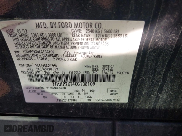2012 Ford Taurus SHO with VIN 1FAHP2KT4CG138109, listed as a IAAI auction lot 42789388 with 79,161 mi miles and . Bid and sale history available at DreamBid. Image 9.