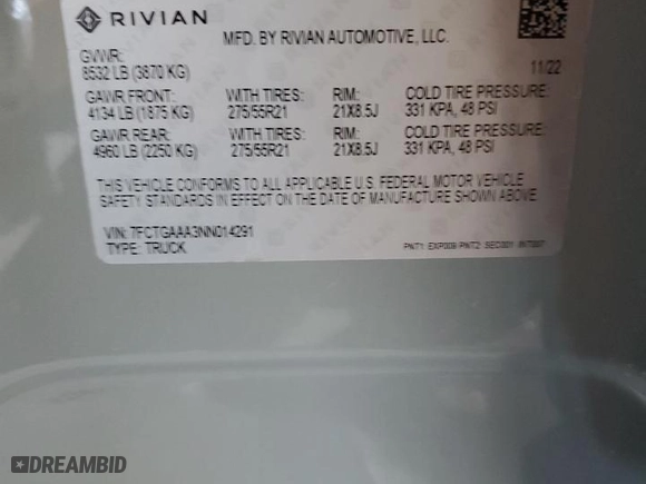 2022 Rivian R1T Adventure Package with VIN 7FCTGAAA3NN014291, listed as a Copart auction lot 76587044 with 0 mi miles and Salvage Title. Bid and sale history available at carsss.com. Image 12.