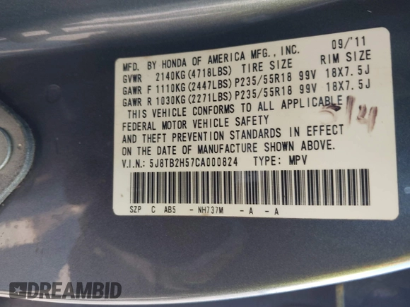 2012 Acura RDX Tech Pkg with VIN 5J8TB2H57CA000824, listed as a IAAI auction lot 41771611 with 265,417 mi miles. Bid and sale history available at carsss.com. Image 9.