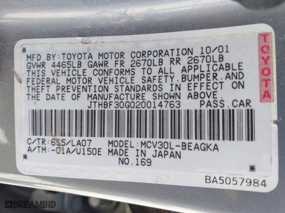 2002 Lexus ES 300 with VIN JTHBF30G020014763, listed as a IAAI auction lot 41974648 with 189,683 mi miles. Bid and sale history available at carsss.com. Image 9.