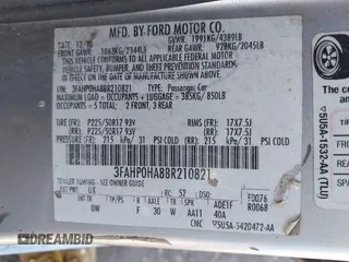 2011 Ford Fusion SE with VIN 3FAHP0HA8BR210821, listed as a IAAI auction lot 41418666 with 205,977 mi miles. Bid and sale history available at carsss.com. Image 9.
