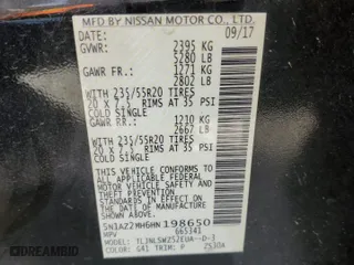 2017 Nissan Murano Platinum with VIN 5N1AZ2MH6HN198650, listed as a Copart auction lot 89311455 with 95,062 mi miles and Salvage Title. Bid and sale history available at carsss.com. Image 14.