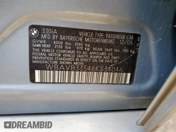 2006 BMW 3 Series 330i с VIN WBAVB33546KS34046, выставлен на аукционе Copart как лот 60077635 с пробегом 120 569 миль миль и Чистый • Clean title. История ставок и продаж доступна на DreamBid. Изображение 12.