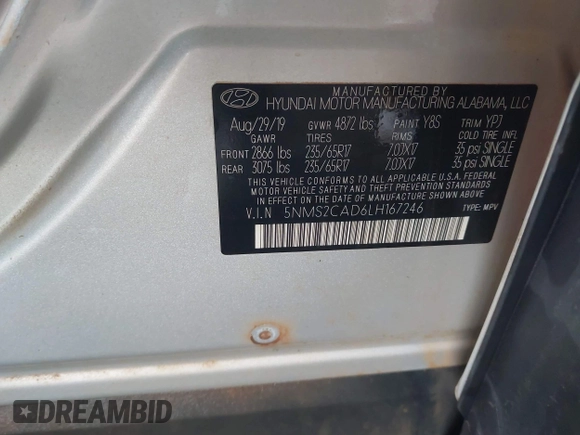 2020 Hyundai Santa Fe SE with VIN 5NMS2CAD6LH167246, listed as a IAAI auction lot 42202836 with Not provided miles and . Bid and sale history available at DreamBid. Image 9.