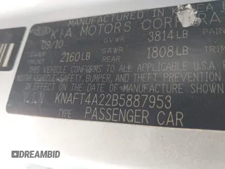 2011 Kia Forte LX with VIN KNAFT4A22B5887953, listed as a IAAI auction lot 41661816 with 1 mi miles. Bid and sale history available at carsss.com. Image 9.