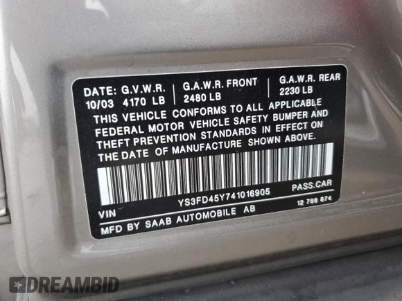 2004 Saab 9-3 with VIN YS3FD45Y741016905, listed as a Copart auction lot 54404045 with 170,435 mi miles and Salvage Title. Bid and sale history available at carsss.com. Image 12.