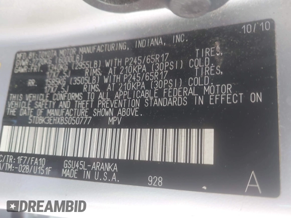 2011 Toyota Highlander z VIN 5TDBK3EHXBS050777, wystawiony jako IAAI lot #42305251 z przebiegiem Nie podano mil oraz . Historia ofert i sprzedaży dostępna na DreamBid. Obrazek 9.
