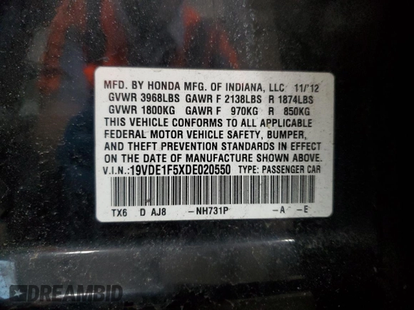 2013 Acura ILX Premium with VIN 19VDE1F5XDE020550, listed as a Copart auction lot 49076205 with 157,000 mi miles and Salvage title. Bid and sale history available at DreamBid. Image 12.