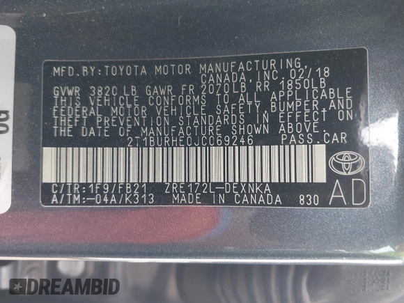 2018 Toyota Corolla L with VIN 2T1BURHE0JC069246, listed as a IAAI auction lot 42164090 with 145,405 mi miles and . Bid and sale history available at DreamBid. Image 9.