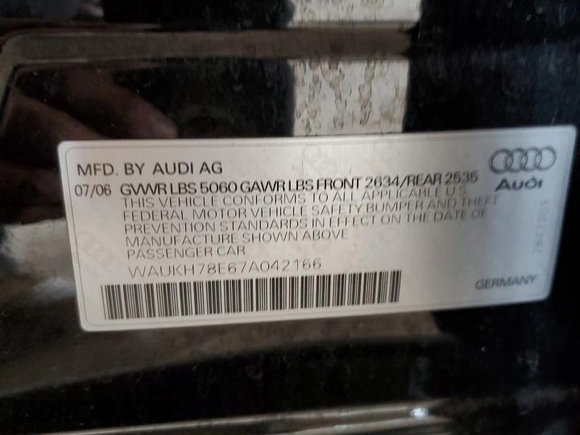 2007 Audi A4 3.2L z VIN WAUKH78E67A042166, wystawiony jako Copart lot #55356625 z przebiegiem 151 720 mil mil oraz Szkody całkowita. Historia ofert i sprzedaży dostępna na DreamBid. Obrazek 12.