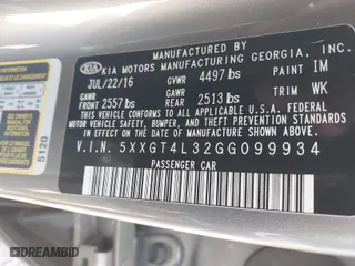 2016 Kia Optima LX with VIN 5XXGT4L32GG099934, listed as a IAAI auction lot 41430301 with 88,198 mi miles. Bid and sale history available at carsss.com. Image 9.