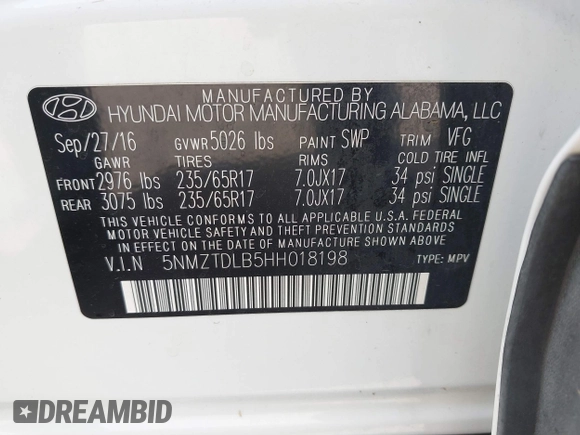 2017 Hyundai Santa Fe 2.4L with VIN 5NMZTDLB5HH018198, listed as a IAAI auction lot 42523632 with 144,883 mi miles and . Bid and sale history available at DreamBid. Image 9.