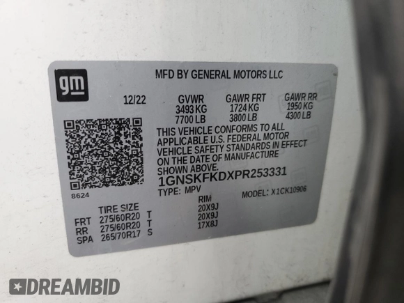 2023 Chevrolet Suburban Premier with VIN 1GNSKFKDXPR253331, listed as a Copart auction lot 52306795 with 50,363 mi miles and Clean Title. Bid and sale history available at DreamBid. Image 14.