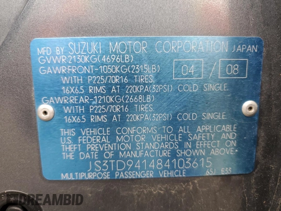2008 Suzuki Grand Vitara w/Spare & Cargo Covers z VIN JS3TD941484103615, wystawiony jako Copart lot #56634065 z przebiegiem 82 420 mil mil oraz Szkody całkowita. Historia ofert i sprzedaży dostępna na DreamBid. Obrazek 13.