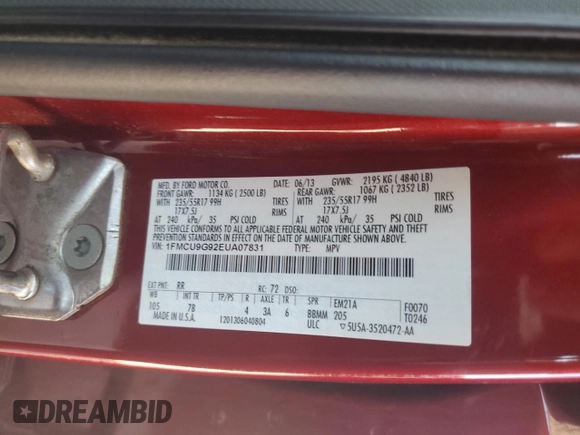 2014 Ford Escape SE with VIN 1FMCU9G92EUA07831, listed as a Copart auction lot 60849745 with 148,455 mi miles and Clean title. Bid and sale history available at DreamBid. Image 14.