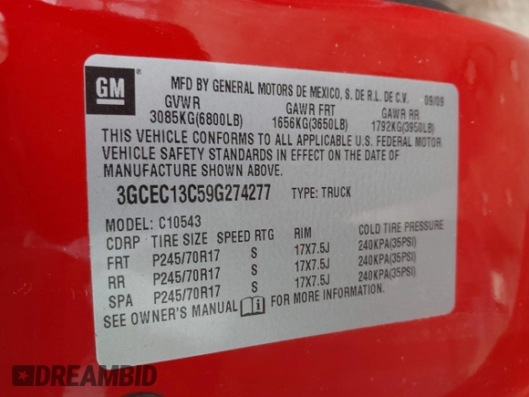 2009 Chevrolet Silverado 1500 LS with VIN 3GCEC13C59G274277, listed as a IAAI auction lot 41849116 with 207,961 mi miles and . Bid and sale history available at DreamBid. Image 9.