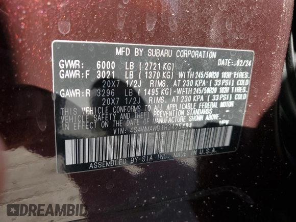 2024 Subaru Ascent Touring z VIN 4S4WMAWD1R3425491, wystawiony jako Copart lot #84790274 z przebiegiem 10 155 mil mil oraz Szkoda całkowita • Salvage title. Historia ofert i sprzedaży dostępna na DreamBid. Obrazek 14.