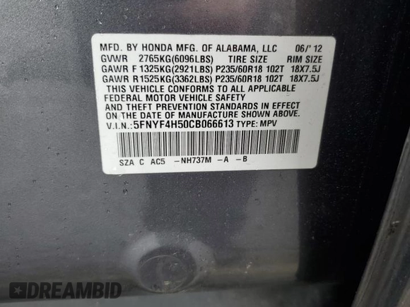 2012 Honda Pilot EX-L with VIN 5FNYF4H50CB066613, listed as a Copart auction lot 56626305 with 196,841 mi miles and Salvage title. Bid and sale history available at DreamBid. Image 13.