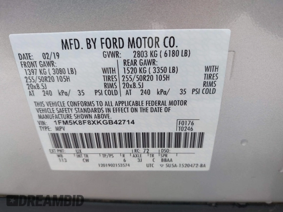 2019 Ford Explorer Limited with VIN 1FM5K8F8XKGB42714, listed as a IAAI auction lot 41525104 with 125,286 mi miles and . Bid and sale history available at carsss.com. Image 9.