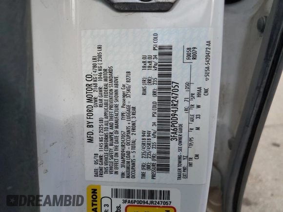 2018 Ford Fusion Titanium with VIN 3FA6P0D94JR247057, listed as a Copart auction lot 56916365 with 101,577 mi miles and Salvage title. Bid and sale history available at DreamBid. Image 12.