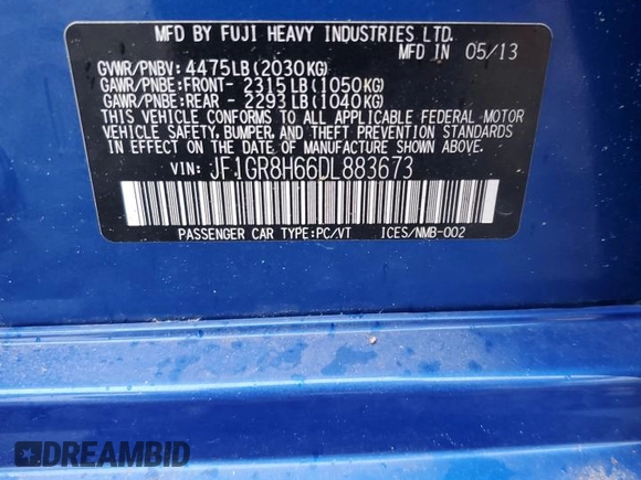 2013 Subaru WRX WRX STI с VIN JF1GR8H66DL883673, выставлен на аукционе Copart как лот 56211555 с пробегом 95 465 миль миль и Списание • Salvage title. История ставок и продаж доступна на DreamBid. Изображение 13.