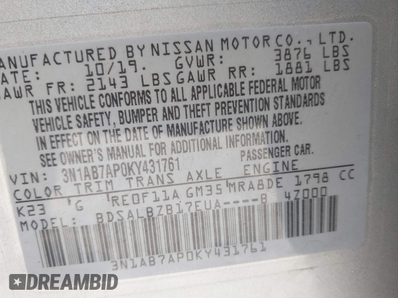 2019 Nissan Sentra SV with VIN 3N1AB7AP0KY431761, listed as a IAAI auction lot 41867960 with 65,623 mi miles and . Bid and sale history available at DreamBid. Image 9.