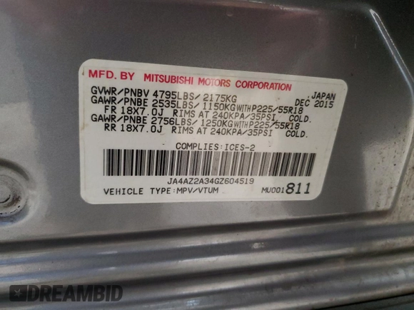 2016 Mitsubishi Outlander ES z VIN JA4AZ2A34GZ604519, wystawiony jako Copart lot #54229255 z przebiegiem 153 703 mil mil oraz Szkoda całkowita • Salvage title. Historia ofert i sprzedaży dostępna na DreamBid. Obrazek 13.