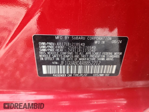 2024 Subaru Impreza with VIN JF1GUABC4R8852212, listed as a Copart auction lot 59700495 with 6,477 mi miles and Salvage title. Bid and sale history available at DreamBid. Image 12.