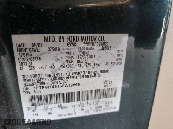 2006 Ford F-150 XLT z VIN 1FTPW14516FA19865, wystawiony jako Copart lot #59303485 z przebiegiem 148 172 mil mil oraz Czysty tytuł • Clean title. Historia ofert i sprzedaży dostępna na DreamBid. Obrazek 12.