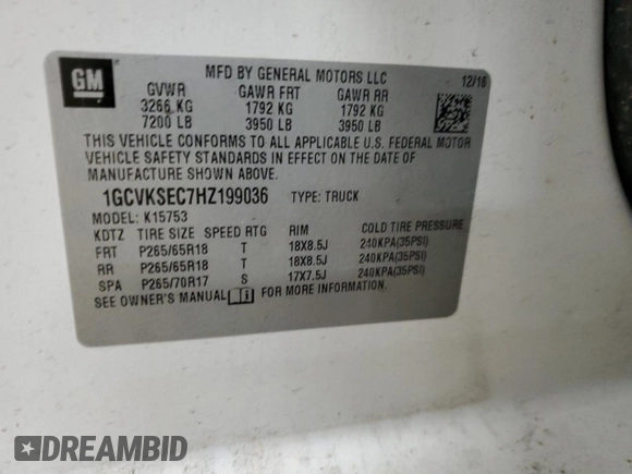 2017 Chevrolet Silverado 1500 LTZ with VIN 1GCVKSEC7HZ199036, listed as a Copart auction lot 87744925 with 68,354 mi miles and Salvage Title. Bid and sale history available at carsss.com. Image 14.