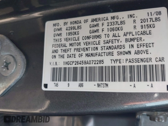 2009 Honda Accord LX-P with VIN 1HGCP26459A072285, listed as a IAAI auction lot 42132142 with 179,421 mi miles and . Bid and sale history available at DreamBid. Image 9.