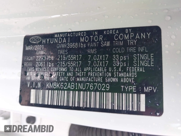 2022 Hyundai Kona SEL with VIN KM8K62AB1NU767029, listed as a IAAI auction lot 41938759 with 44,950 mi miles. Bid and sale history available at carsss.com. Image 9.