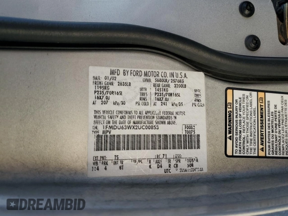 2002 Ford Explorer XLT z VIN 1FMDU63WX2UC00853, wystawiony jako Copart lot #87212814 z przebiegiem 235 622 mil mil oraz Szkoda całkowita • Salvage title. Historia ofert i sprzedaży dostępna na DreamBid. Obrazek 13.