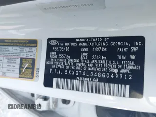 2016 Kia Optima LX z VIN 5XXGT4L34GG049312, wystawiony jako IAAI lot #41890581 z przebiegiem 142 360 mil mil oraz . Historia ofert i sprzedaży dostępna na DreamBid. Obrazek 9.
