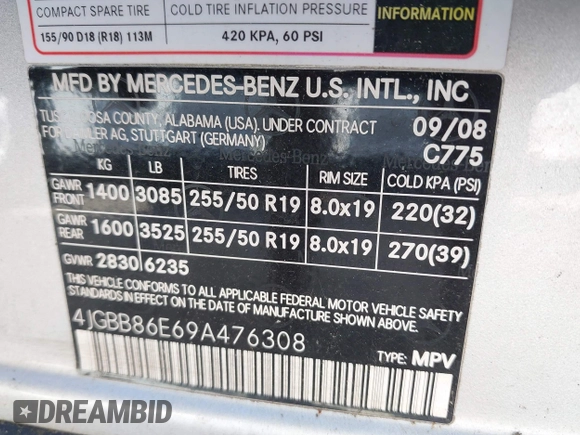 2009 Mercedes-Benz M 3.5L with VIN 4JGBB86E69A476308, listed as a IAAI auction lot 42133542 with 189,523 mi miles and . Bid and sale history available at carsss.com. Image 9.