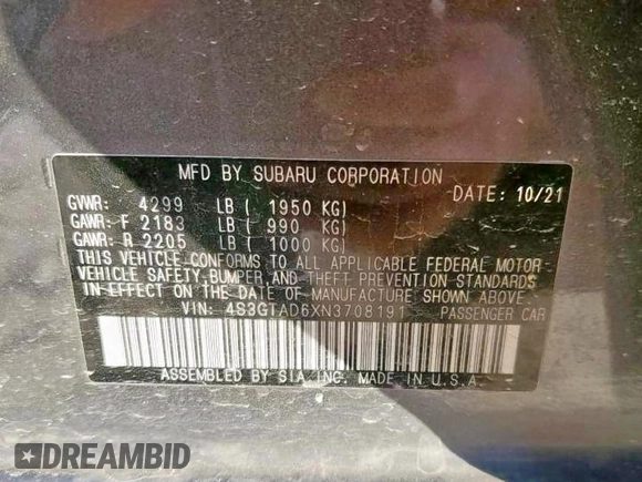 2022 Subaru Impreza Premium with VIN 4S3GTAD6XN3708191, listed as a Copart auction lot 65041045 with 50,145 mi miles and Clean title. Bid and sale history available at DreamBid. Image 10.