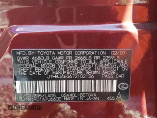 2007 Lexus ES 350 with VIN JTHBJ46G672102126, listed as a Copart auction lot 44129375 with 307,667 mi miles and Clean Title. Bid and sale history available at carsss.com. Image 12.