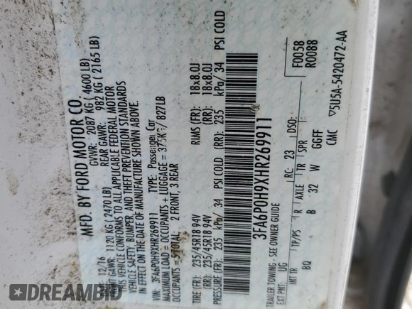 2017 Ford Fusion SE with VIN 3FA6P0H9XHR269911, listed as a Copart auction lot 58222835 with Not provided miles and Salvage title. Bid and sale history available at DreamBid. Image 12.