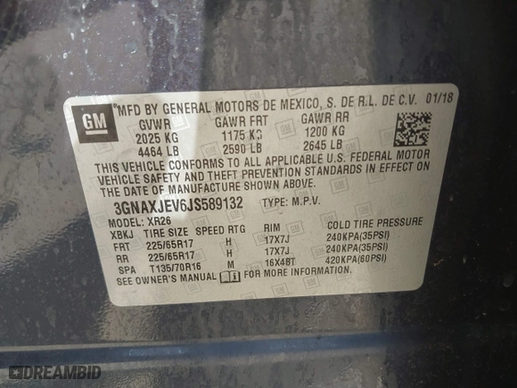 2018 Chevrolet Equinox LT with VIN 3GNAXJEV6JS589132, listed as a IAAI auction lot 41838782 with 44,613 mi miles. Bid and sale history available at carsss.com. Image 9.