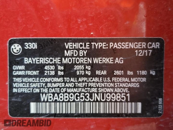 2018 BMW 3 Series 330i with VIN WBA8B9G53JNU99851, listed as a Copart auction lot 57800865 with 147,479 mi miles and Clean title. Bid and sale history available at DreamBid. Image 12.