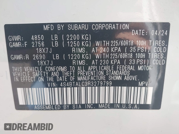 2024 Subaru Outback Onyx with VIN 4S4BTALC3R3279799, listed as a IAAI auction lot 42392450 with 18,856 mi miles and . Bid and sale history available at DreamBid. Image 9.