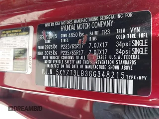 2016 Hyundai Santa Fe z VIN 5XYZT3LB3GG348215, wystawiony jako IAAI lot #41917143 z przebiegiem 121 873 mil mil oraz . Historia ofert i sprzedaży dostępna na DreamBid. Obrazek 9.