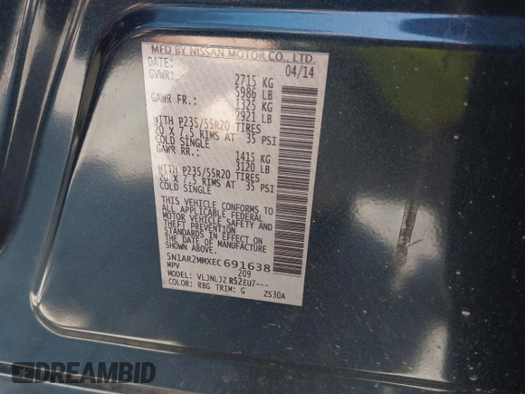 2014 Nissan Pathfinder S z VIN 5N1AR2MMXEC691638, wystawiony jako IAAI lot #42294429 z przebiegiem 155 019 mil mil oraz . Historia ofert i sprzedaży dostępna na DreamBid. Obrazek 9.