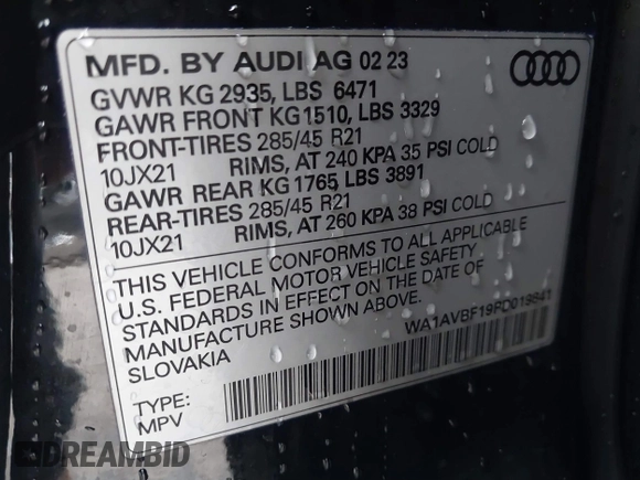 2023 Audi Q8 Premium with VIN WA1AVBF19PD019841, listed as a IAAI auction lot 40827495 with 29,033 mi miles and . Bid and sale history available at DreamBid. Image 9.
