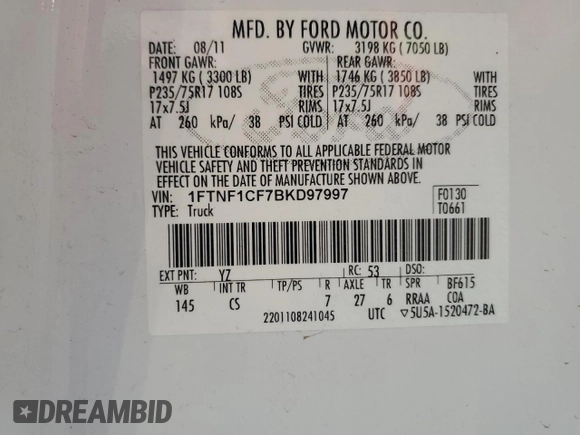2011 Ford F-150 XL z VIN 1FTNF1CF7BKD97997, wystawiony jako Copart lot #53278795 z przebiegiem 26 472 mil mil oraz Czysty tytuł • Clean title. Historia ofert i sprzedaży dostępna na DreamBid. Obrazek 12.