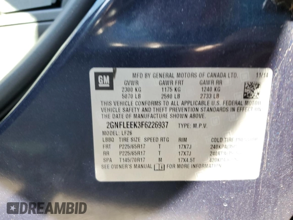 2015 Chevrolet Equinox LS with VIN 2GNFLEEK3F6226937, listed as a Copart auction lot 54615305 with 134,481 mi miles and Clean Title. Bid and sale history available at carsss.com. Image 13.