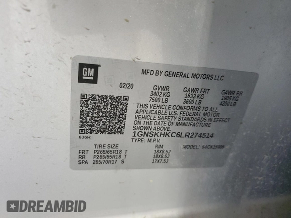 2020 Chevrolet Suburban LT z VIN 1GNSKHKC6LR274514, wystawiony jako Copart lot #55775945 z przebiegiem 268 319 mil mil oraz Czysty tytuł • Clean title. Historia ofert i sprzedaży dostępna na DreamBid. Obrazek 13.