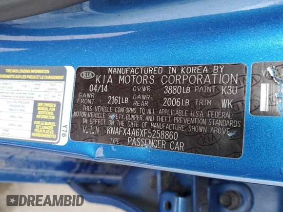2015 Kia Forte LX with VIN KNAFX4A6XF5258860, listed as a Copart auction lot 44387555 with 119,241 mi miles and Salvage Title. Bid and sale history available at carsss.com. Image 14.